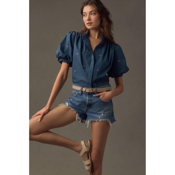 Mare Mare by Antropologie Puff-Sleeve Embroidered Blouse in Blue Size S - Picture 12 of 12